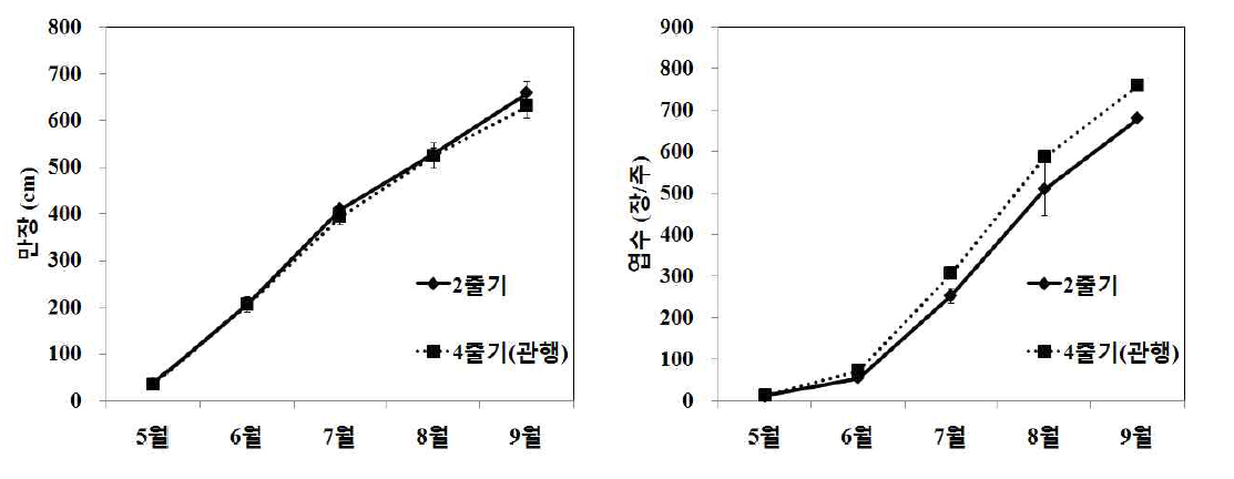 북부지역 여주 노지재배 시 줄기유인수에 따른 월별 만장, 엽수 비교