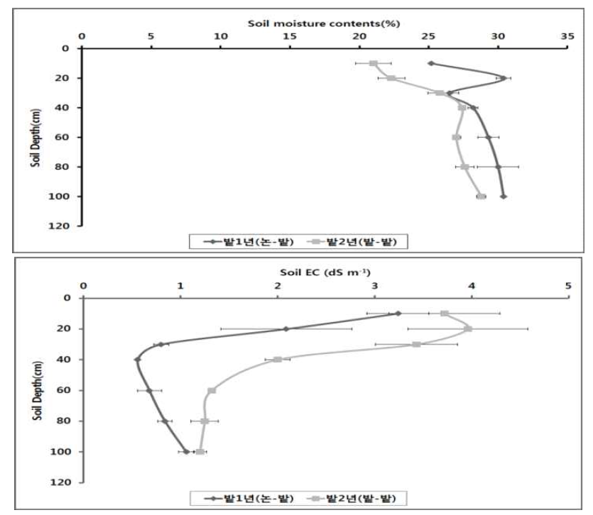 옥수수 수확기 토양층위별 토양염류 및 수분함량 분포(2015)
