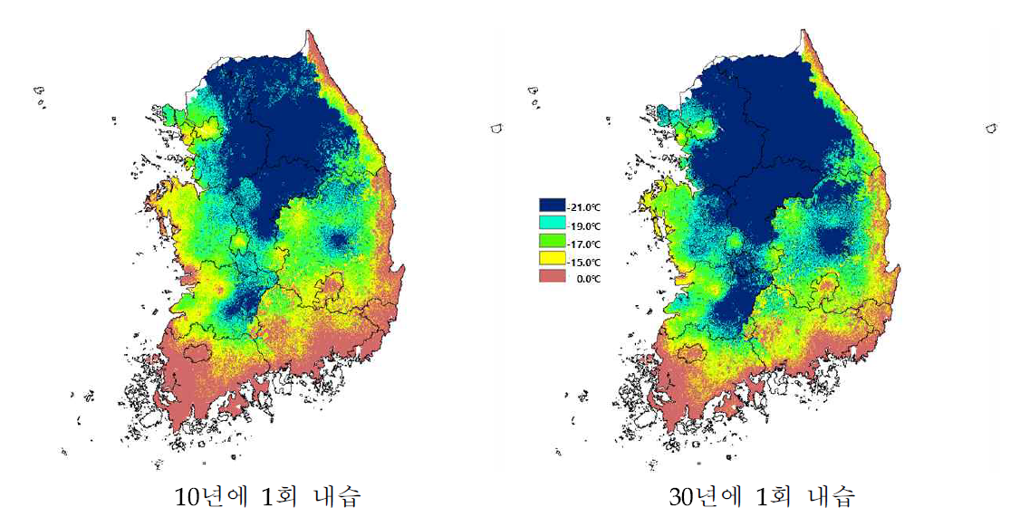 2050년 극최저 기온을 바탕으로 한 복숭아 동해 발생 예상 지도.