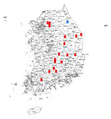 당귀 재배 주산지(파란색) 및 채집지(붉은색) 기후자료 분석 지점