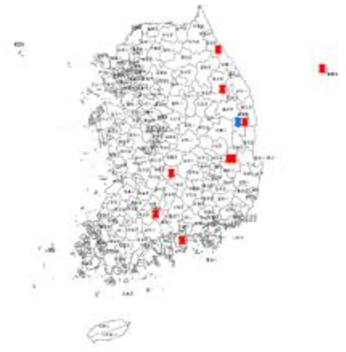 천궁 재배 주산지(파란색) 및 채집지(붉은색) 기후자료 분석 지점(자료