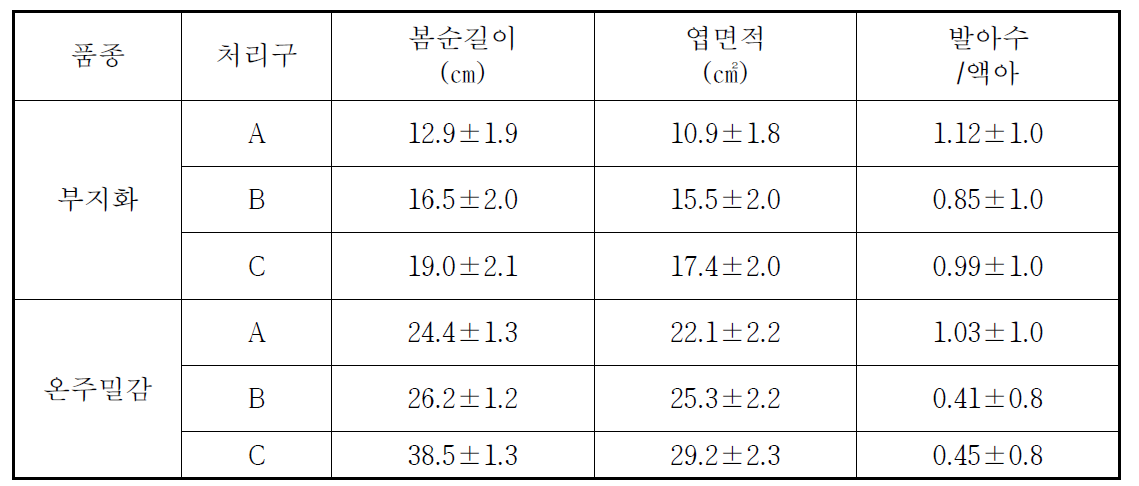 온도구배하우스 내 부지화 및 온주밀감의 봄순 길이, 발아수