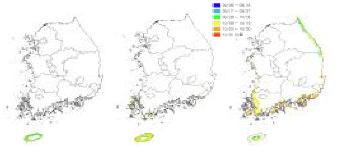 온주밀감 착색기 변동 예측 지도(왼쪽부터 현재, RCP 8.5 2040년, 2070년; 전국)