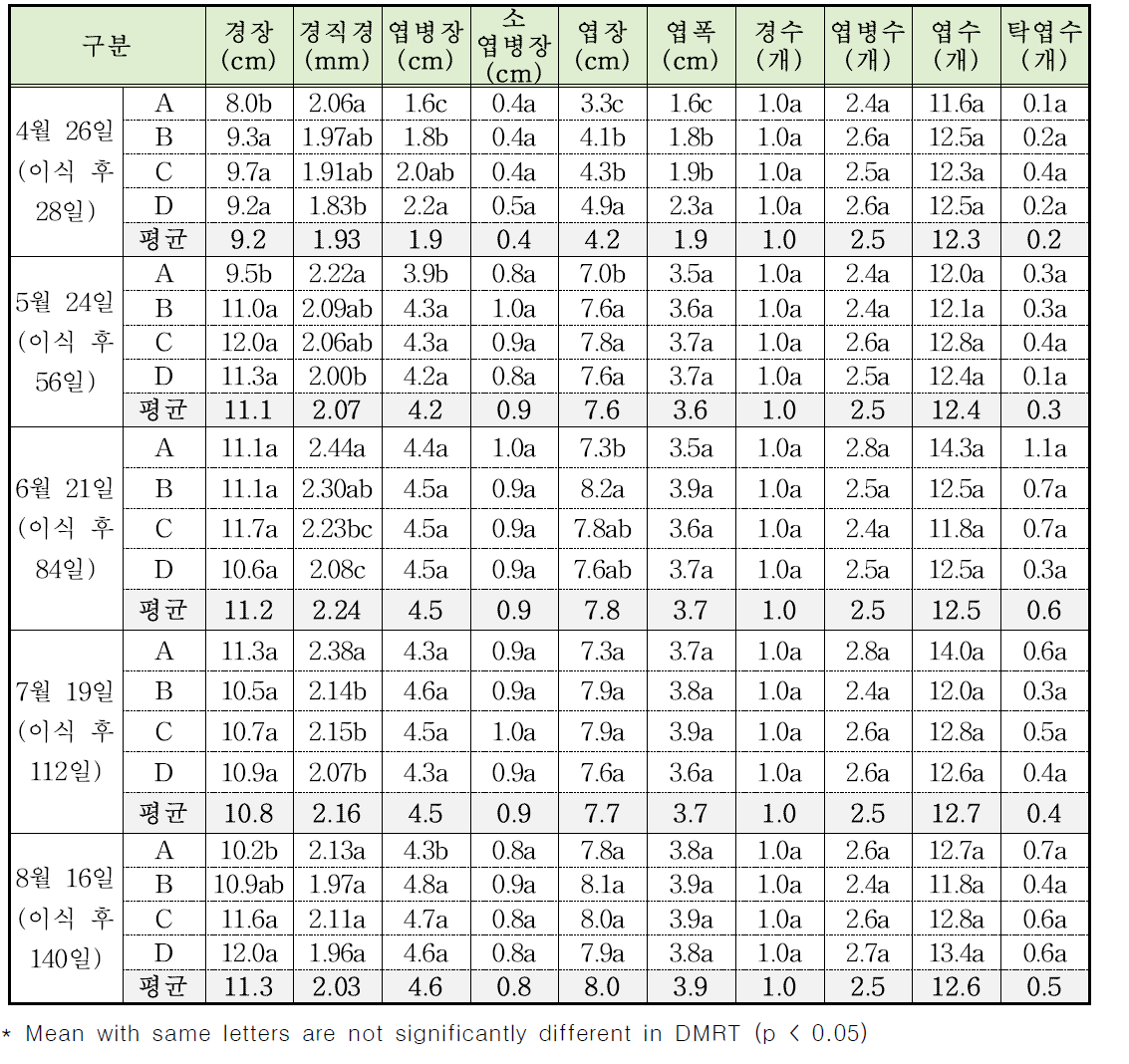 음성 3월 29일 이식 처리구 온도처리별 지상부 생육특성