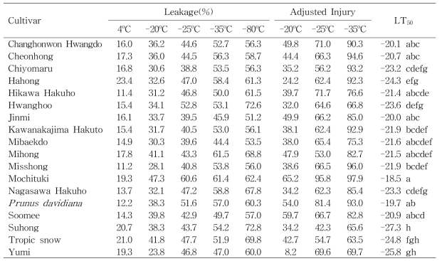 전해질누출률을 이용한 복숭아 품종별 피해율과 LT50 (2014년 11월 12일)