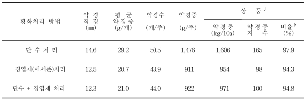 아스파라거스 입경 경엽의 인위적 황화처리 방법별 수확 약경 및 상품수량