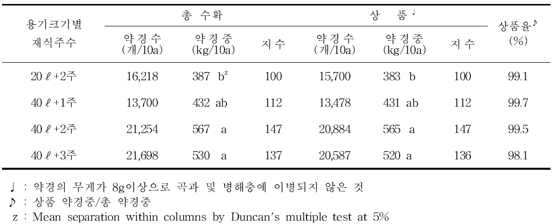 아스파라거스 상자 용기재배 용기크기에 따른 재식주수별 약경수량