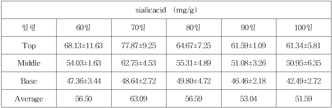 녹용의 절각시기별 Sialic acid 함량