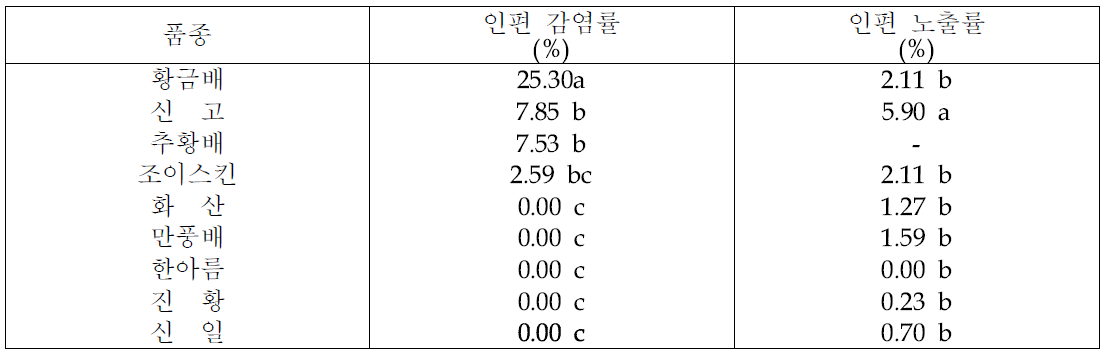 품종별 가을철 인편감염율과 꽃눈 인편 노출율(2016년)