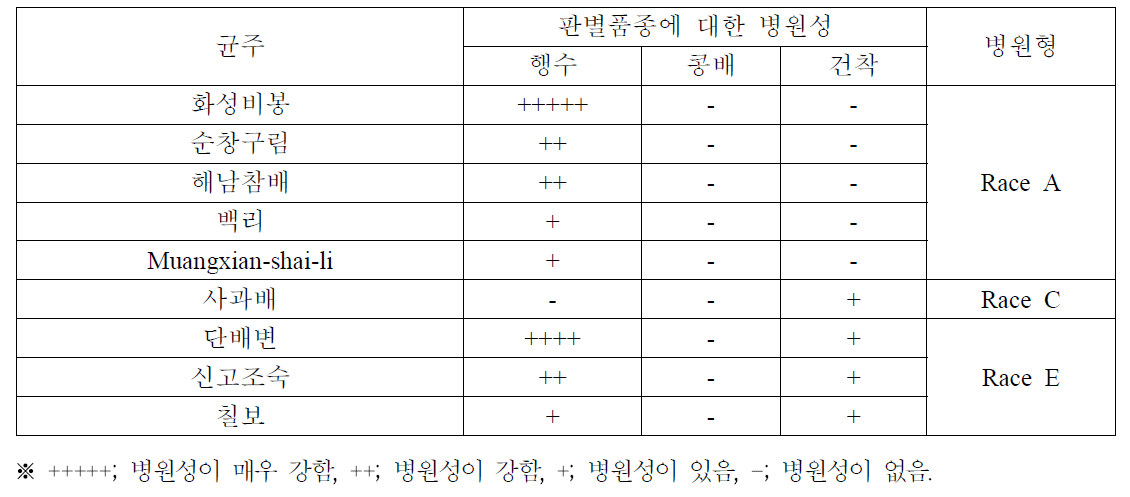 배나무 잎 접종에 의한 배나무 검은별무늬병균 Venturia nashicola의 병원형(race) 판별