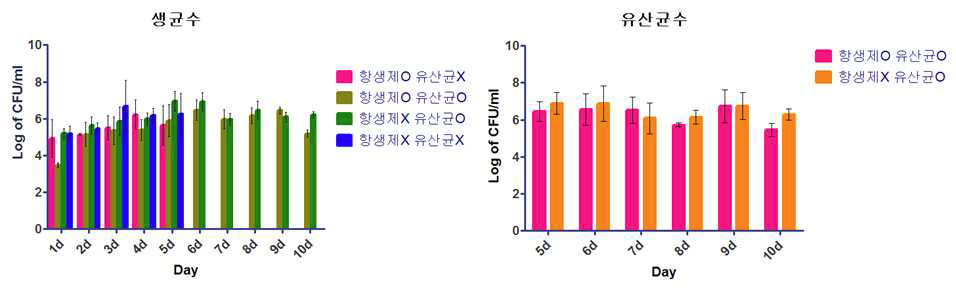 항생제 및 유산균 투여 기간 중 총배설강 swab 샘플 에서 분석한 생균수 및 유산균수