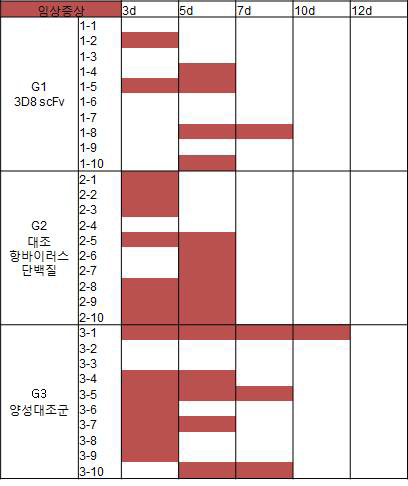 각 그룹 개체별 임상증상 발현 여부