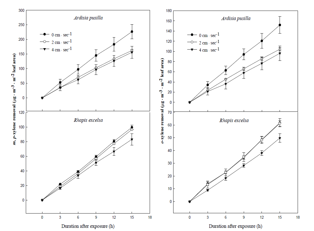 실내식물 근권부 통기량에 따른 m, p, o-xylene 제거량 변화