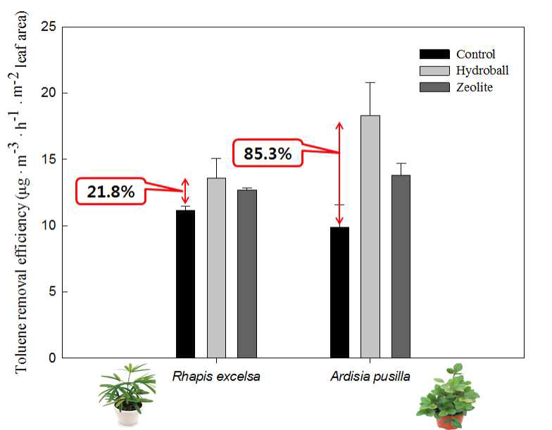 Pseudomonas putida가 고정된 Zeolite, Hydroball을 혼합한 배양토에 식재된 실내식물의 톨루엔 제거 효율