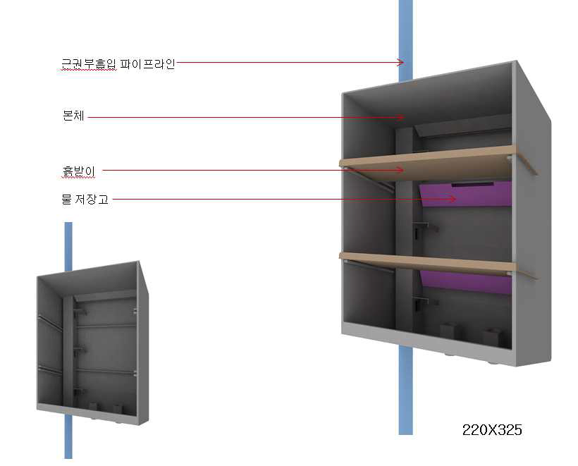 식물의 근권부를 이용한 실내 환경 개선 벽면 녹화용 화분 조립체 구성도