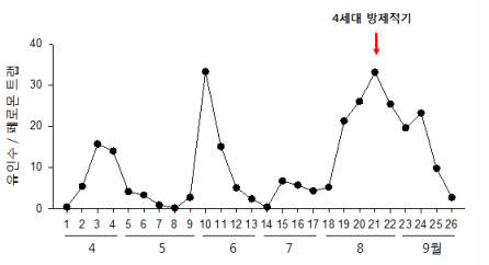 복숭아원에서 복숭아순나방 성충의 연중 발생소장