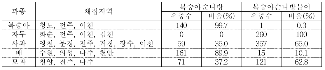 과수 5종의 피해 과실에서 복숭아순나방과 복숭아순나방붙이 유충의 구성비