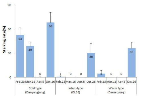 Effects of ecotypes and planting dates on the stalking rate in the cultivation of garlic