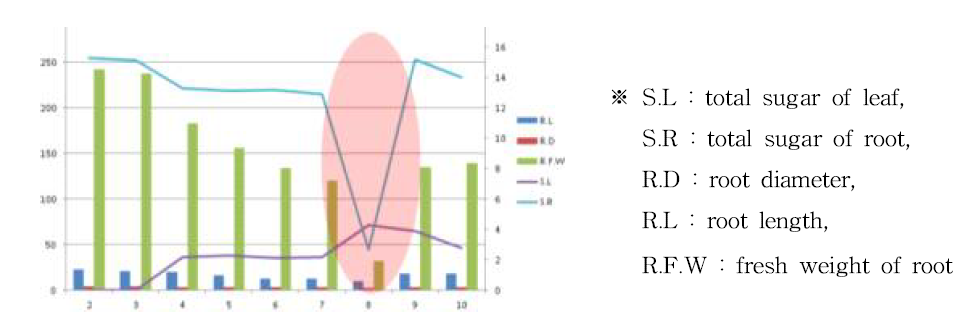 월별 뿌리부추 생중량, 근장, 근경 및 당함량과의 상관 변화