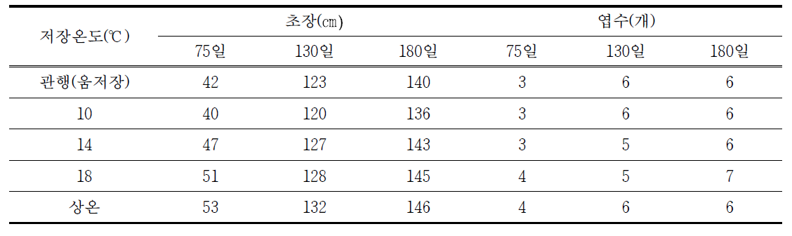 저장온도별 정식 후 경과 일수에 따른 초장 및 엽수변화