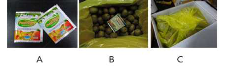 Photos of ethylene generator used in our experiment (A) and cardboard boxes for kiwi fruit packaged with polyethylene film (B, C).