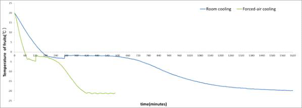 냉동고 내에서 시간의 흐름에 따른 참다래 품온 변화