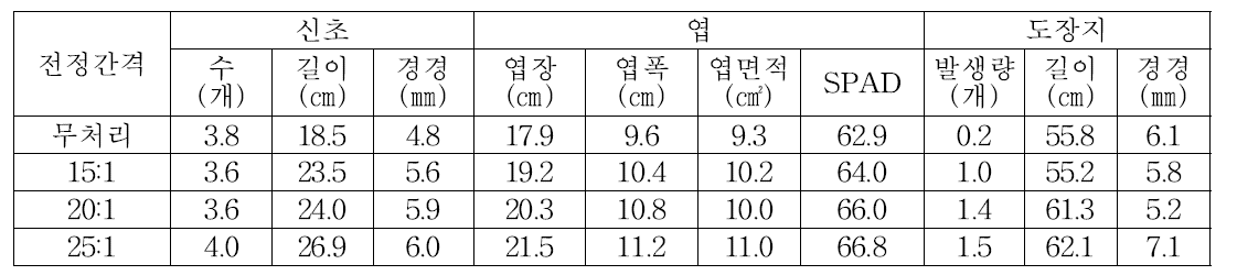 엽과비 처리별 생육상황