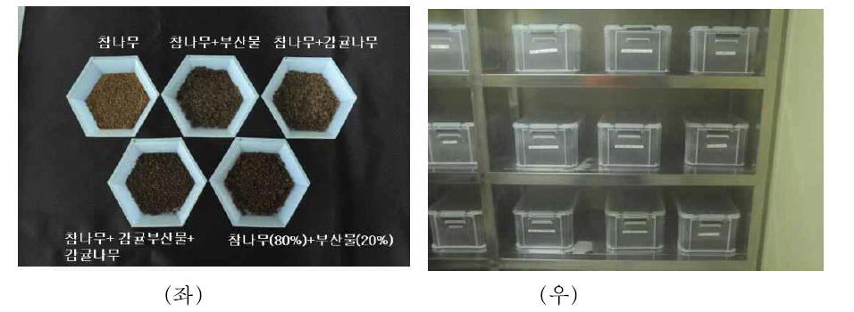 조성별 발효톱밥의 모습(좌)과 흰점박이꽃무지 유충의 사육 모습(우)
