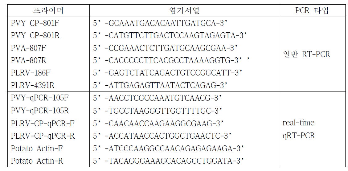 일반 RT-PCR 및 realtime qRT-PCR에 이용한 프라이머 리스트.