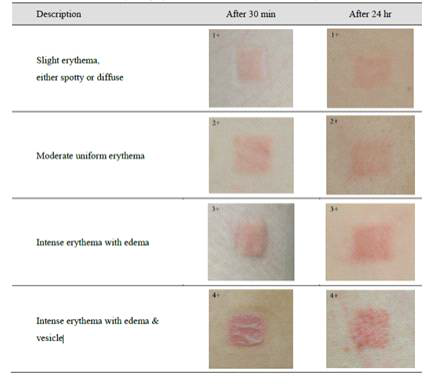 테스트 소재를 피부 첩보 후 보이는 clinical standard photographs