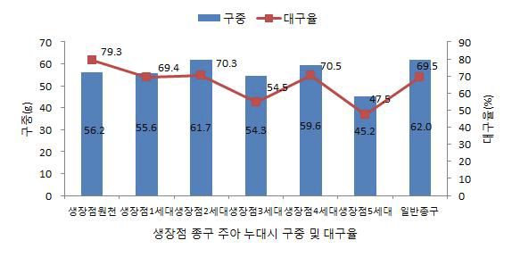 마늘 생장점 배양 후 연차별 구중 및 상품율