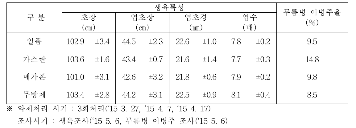 생장점 종구 약제종류별 생육특성 및 무름병 피해정도