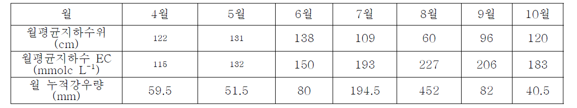 새만금간척지의 월별 지하수위, 지하수 염농도 및 강우량