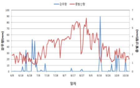 콩 재배기간 중 강우량 및 증발산량(새만금간척지)