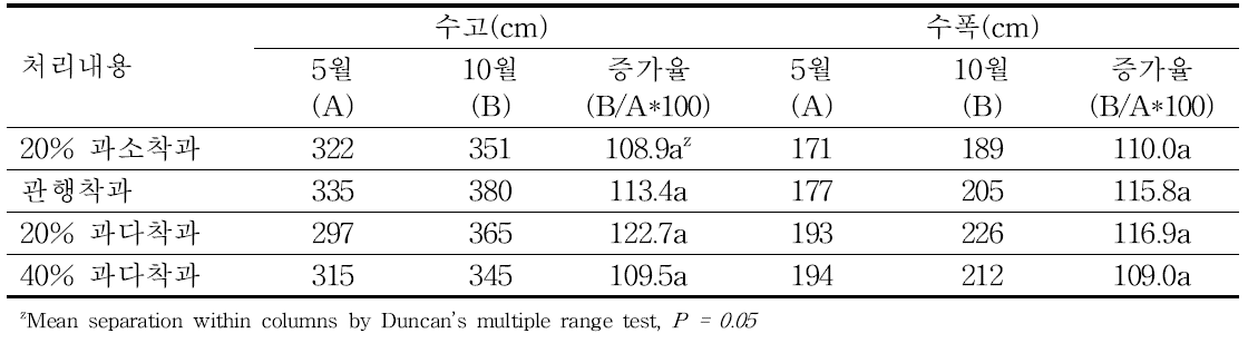 착과 수준에 따른 홍로 사과의 수고, 수폭의 비대율