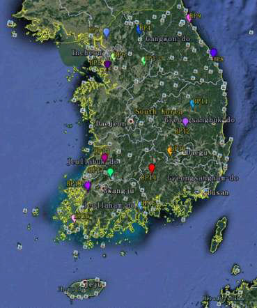 The locations map of bee pollen collected. 18 different bee pollen collected from 16 different locations from six Provinces of South Korea