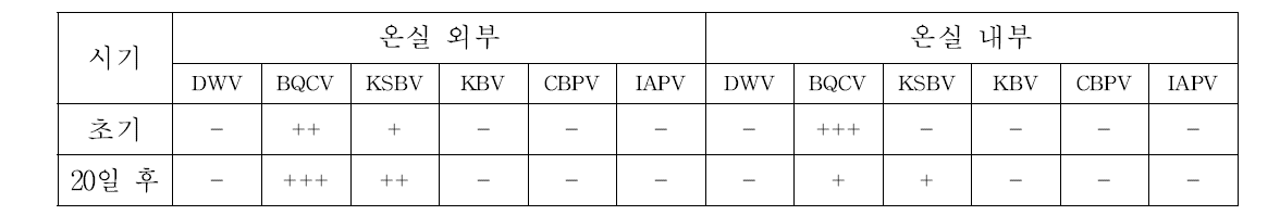 온실외부와 내부에 위치한 봉군의 바이러스 발생 봉군 수