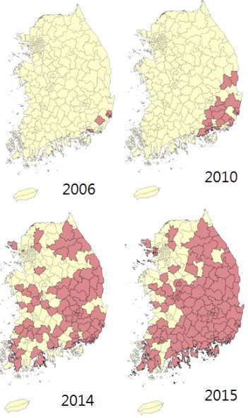 Temporal change of geographical distribution of the invasive hornet, Vespa velutina nigrithorax in Korea