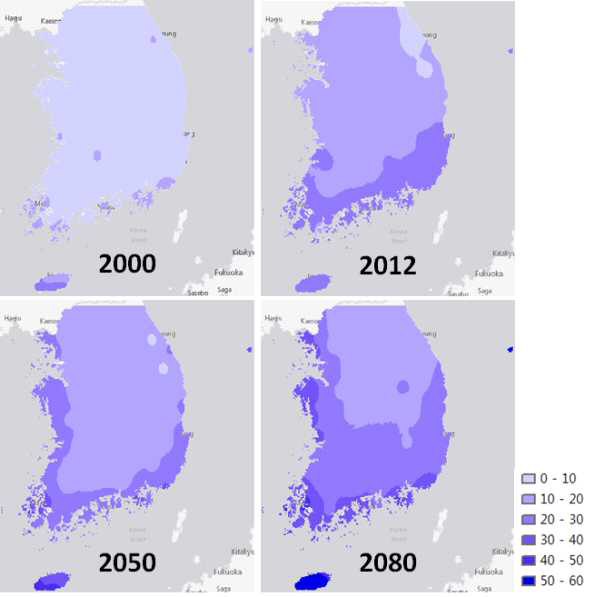 Simulated geographic distribution of Vespa velutina nigrithorax in South Korea using CLIMEX model with past weather data (2000 and 2012) and RCP8.5 climate change simulated weather data (2050 and 2080).