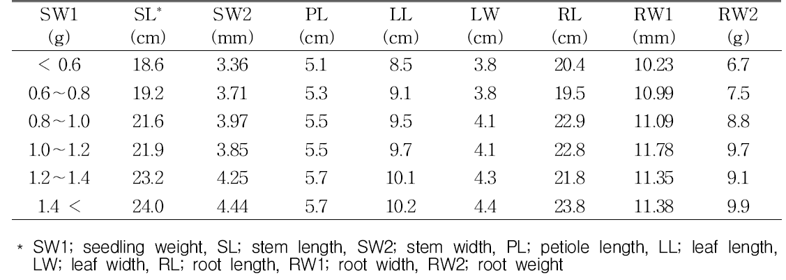 The growth and yield characteristics of jagyeongjong(3yr) by seedling weight.