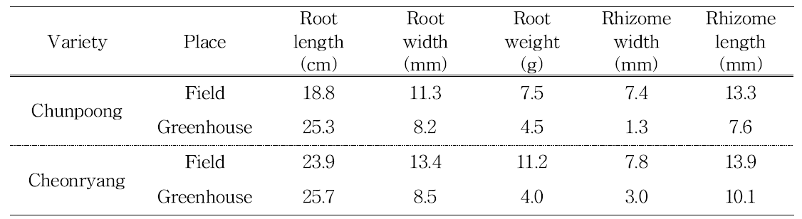 The root characteristics of 3yr-ginseng in the greenhouse and field.