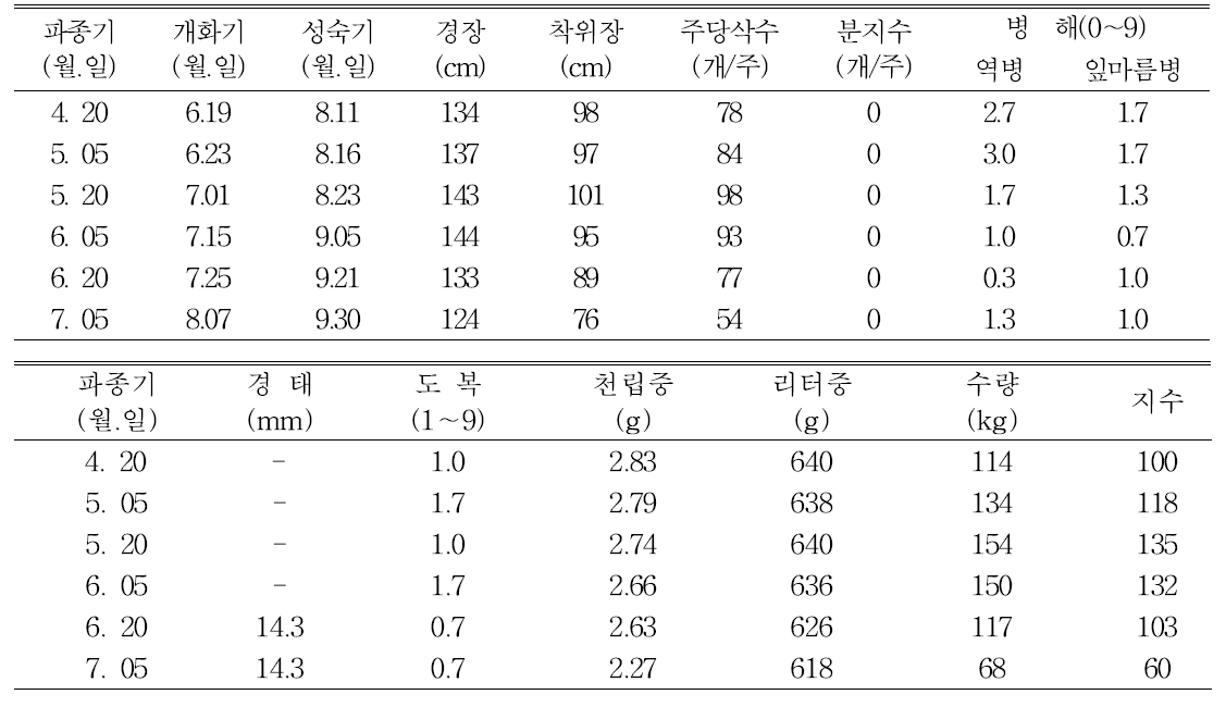 양백깨 파종기별 생육기 특성