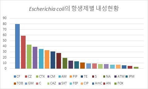분리된 Escherichia coli의 항생제별 내성률 분포