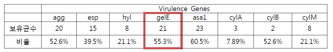 2016년 Enterococcus faecalis의 Virulence 유전자 탐색 결과
