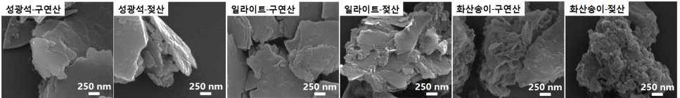 음이온성 항균분자 도입 후, 천연계 무기광물질 기반 나노구조체의 주사전자현미경 이미지