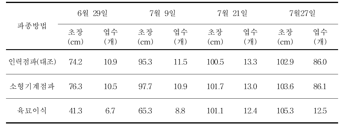 파종방법별 영양생장기 생육특성