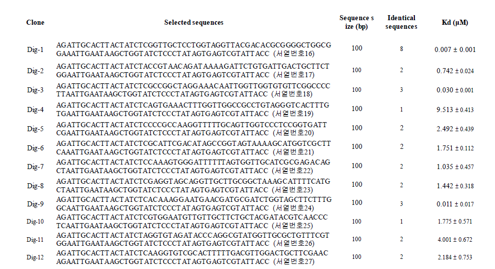 Dig에 특이적으로 결합하는 DNA 앱타머후보군 12개의 서열 및 Kd값