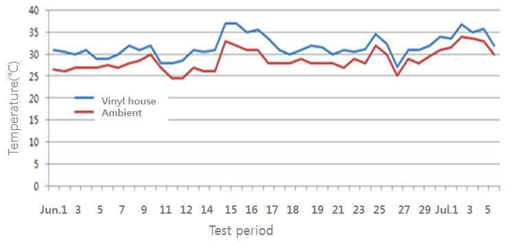 Temperature in vinyl house and the ambient temperature measured at 10 am during the test period from June 1 to July 12.