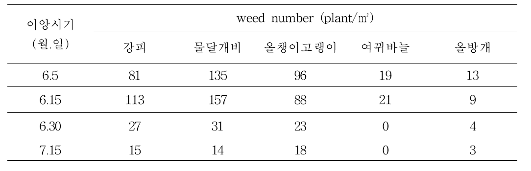 The weed number occurred by rice plantation in rice paddy