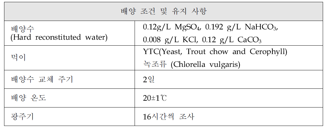 미국 환경청의 지침에 따른 D. magna 배양조건과 유지에 관련된 일반 사항